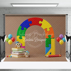 Lofaris Puzzle Arch Back To School Backdrop Colorful Jigsaw Pieces Cute Owls Books Background Kindergarten Photography