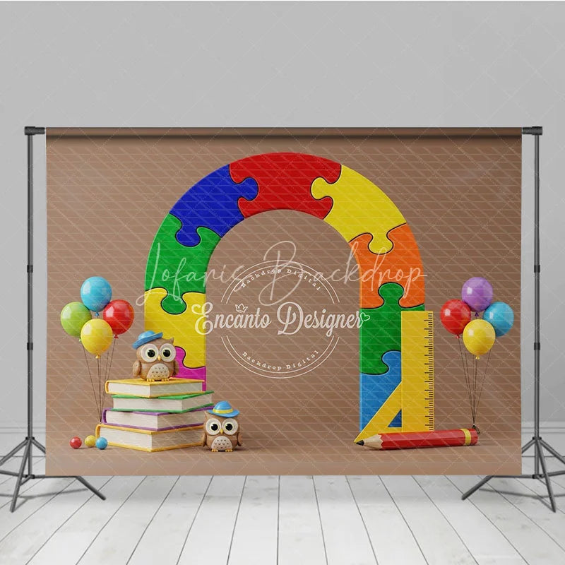 Lofaris Puzzle Arch Back To School Backdrop Colorful Jigsaw Pieces Cute Owls Books Background Kindergarten Photography