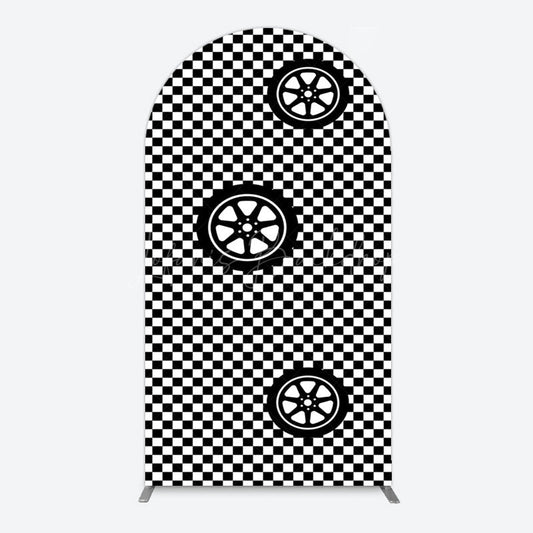 Lofaris Racing Black White Grid Tire Birthday Arch Backdrop