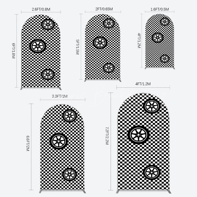 Lofaris Racing Black White Grid Tire Birthday Arch Backdrop