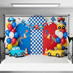 Lofaris Racing Car Photography Backdrop Red and Blue Cars Checkered Flag Party Banner