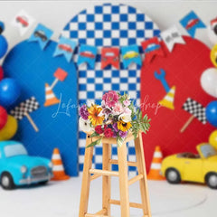 Lofaris Racing Car Photography Backdrop Red and Blue Cars Checkered Flag Party Banner