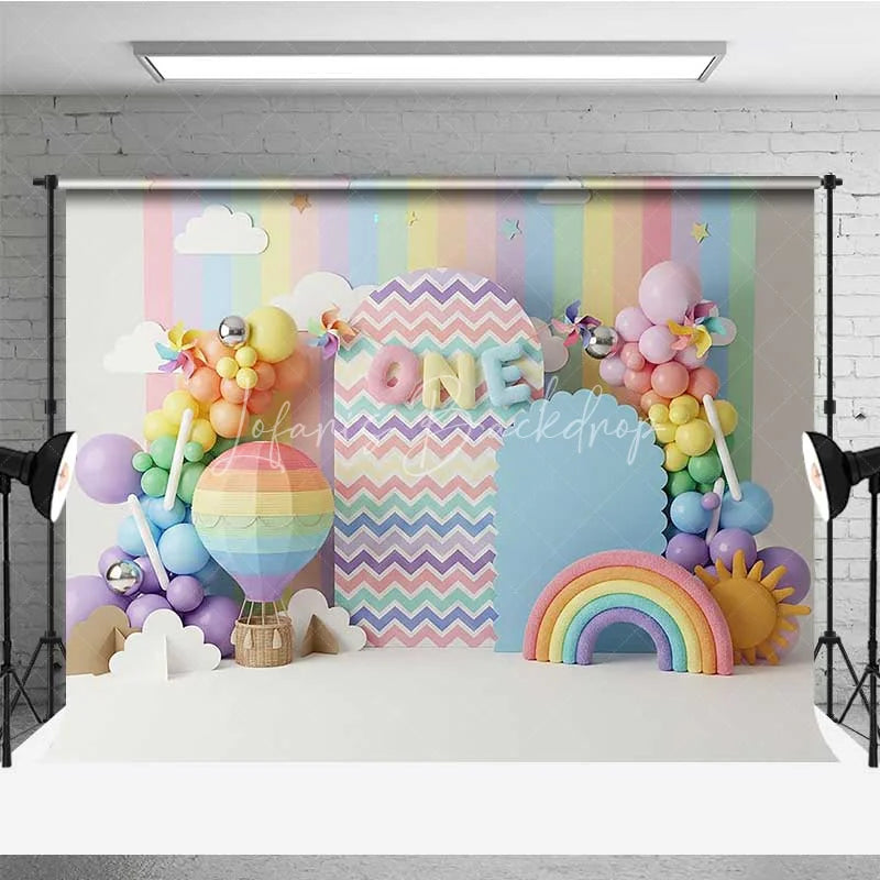 Lofaris Rainbow 1st Birthday Photography Backdrop Hot Air Balloon and Sun Party Banner