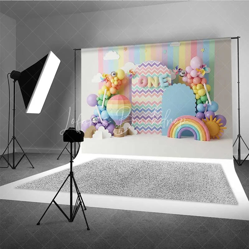 Lofaris Rainbow 1st Birthday Photography Backdrop Hot Air Balloon and Sun Party Banner