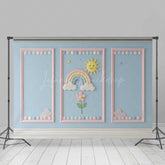 Lofaris Rainbow and Sunshine Cake Smash Backdrop Blue Wall with Pink Frames Kids First Birthday Photography Prop