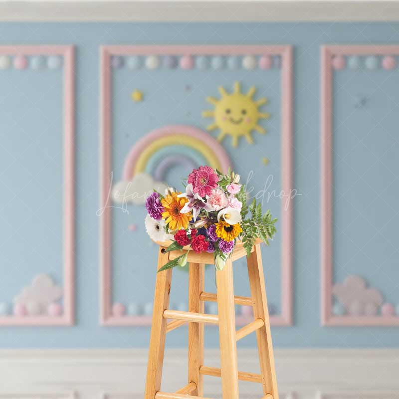 Lofaris Rainbow and Sunshine Cake Smash Backdrop Blue Wall with Pink Frames Kids First Birthday Photography Prop