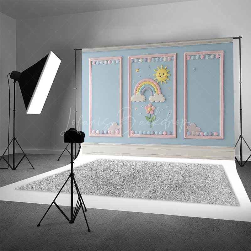 Lofaris Rainbow and Sunshine Cake Smash Backdrop Blue Wall with Pink Frames Kids First Birthday Photography Prop