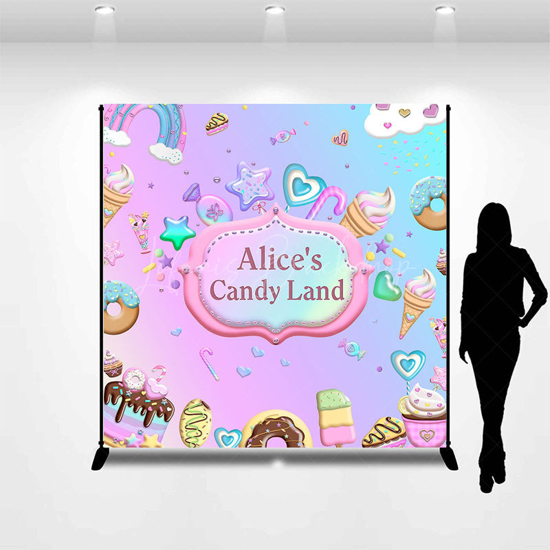 Lofaris Rainbow Candyland Custom Name Birthday Backdrop