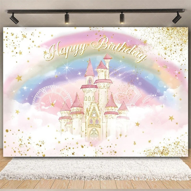 Lofaris Rainbow Castle Happy Birthday Backdrop Colorful Princess Party Decor Banner Fantasy Photo Booth Background for Kids
