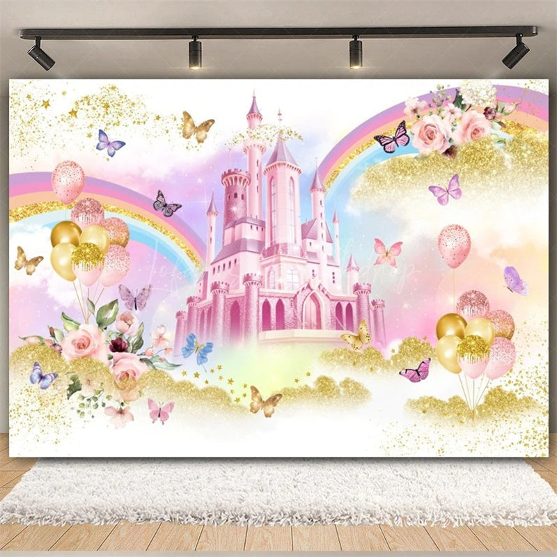 Lofaris Rainbow Castle Happy Birthday Backdrop Colorful Princess Party Decor Banner Fantasy Photo Booth Background for Kids