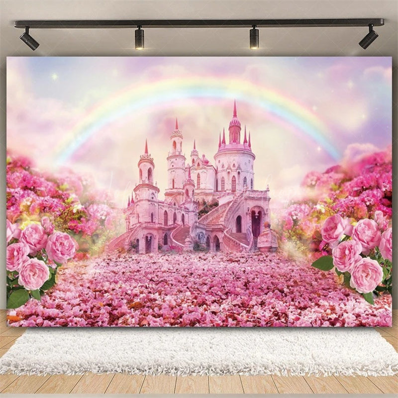 Lofaris Rainbow Castle Happy Birthday Backdrop Colorful Princess Party Decor Banner Fantasy Photo Booth Background for Kids