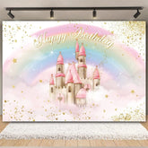 Lofaris Rainbow Castle Happy Birthday Backdrop Colorful Princess Party Decor Banner Fantasy Photo Booth Background for Kids