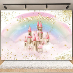 Lofaris Rainbow Castle Happy Birthday Backdrop Colorful Princess Party Decor Banner Fantasy Photo Booth Background for Kids