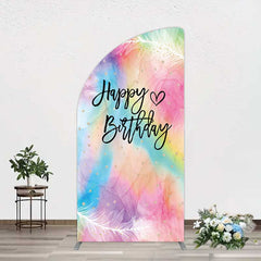 Lofaris Rainbow Colorful Feather Happy Birthday Half Moon Arch Backdrop
