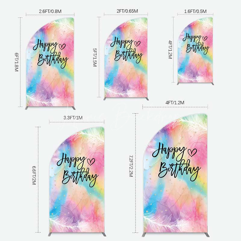 Lofaris Rainbow Colorful Feather Happy Birthday Half Moon Arch Backdrop