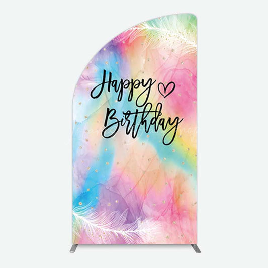 Lofaris Rainbow Colorful Feather Happy Birthday Half Moon Arch Backdrop