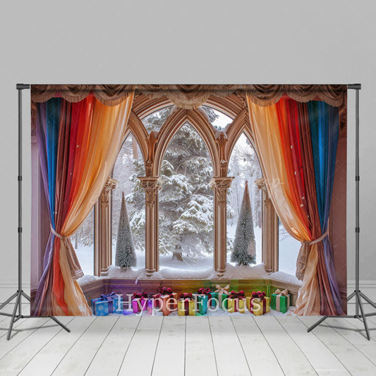 Lofaris Rainbow Curtain Window Snowy Scene Christmas Backdrop