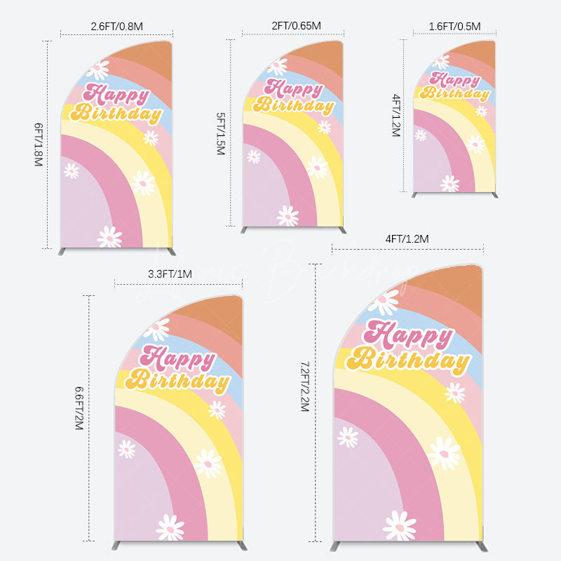 Lofaris Rainbow Floral Groovy Happy Birthday Half Moon Arch Backdrop
