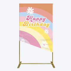 Lofaris Rainbow Floral Groovy Happy Birthday Rectangle Backdrop