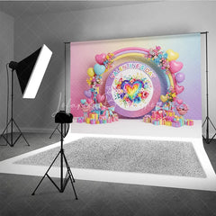 Lofaris Rainbow Heart Valentine Day Backdrop Colorful Balloon Arch Pastel Flowers Background Romantic Photography Prop