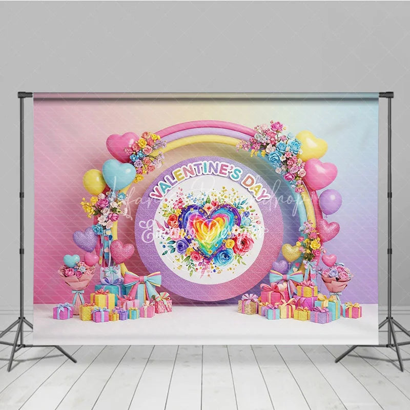 Lofaris Rainbow Heart Valentine Day Backdrop Colorful Balloon Arch Pastel Flowers Background Romantic Photography Prop