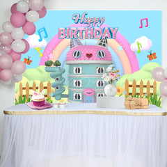 Lofaris Rainbow Pink Cat Doll House Happy Birthday Backdrop