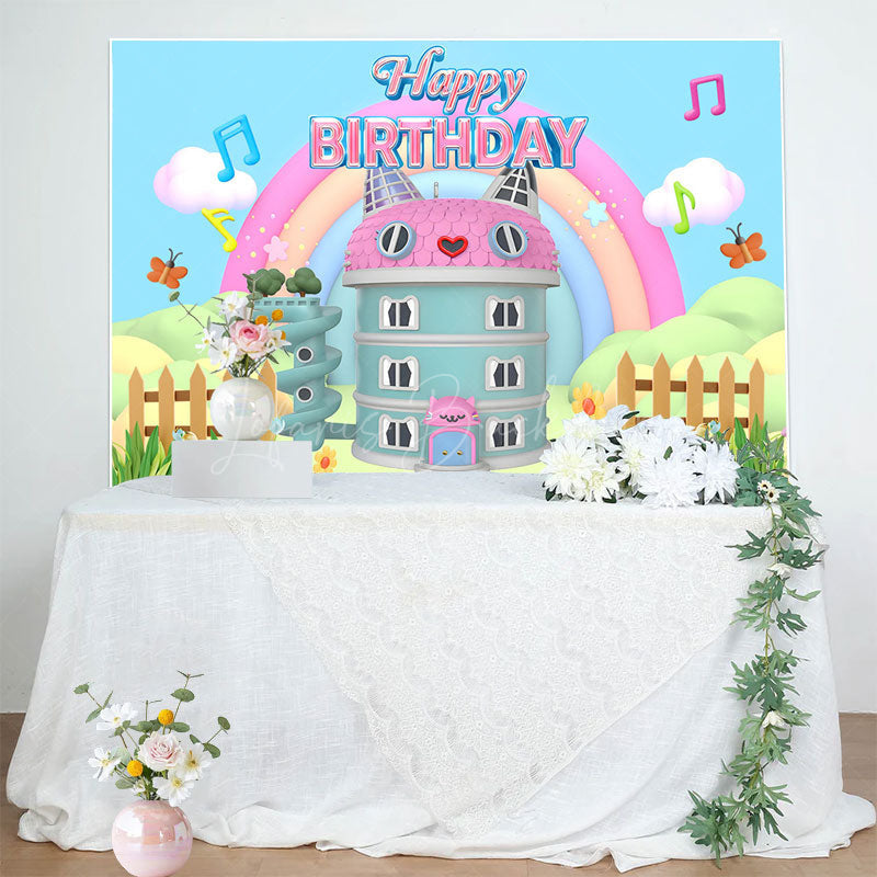 Lofaris Rainbow Pink Cat Doll House Happy Birthday Backdrop