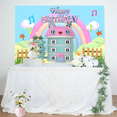 Lofaris Rainbow Pink Cat Doll House Happy Birthday Backdrop