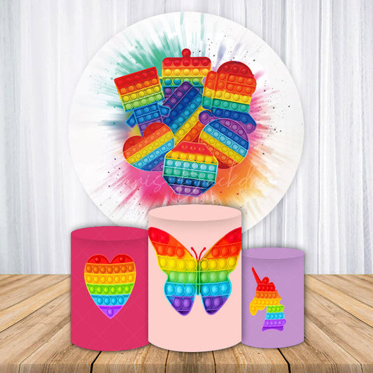Lofaris Rainbow Pop It Fidget Toy Round Backdrop Kit Colorful Sensory Theme for Kids Birthday Party Photo Booth Decor