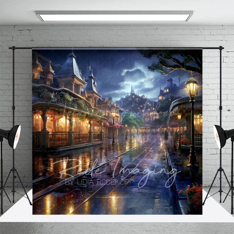 Lofaris Rainy Night Magical Kingdom Street Photo Backdrop