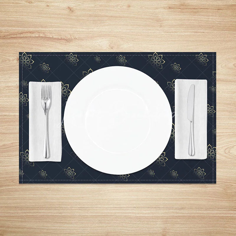 Lofaris Ramadan Kareem Golden Moon Set of 4 Placemats Eid Mubarak Lanterns and Floral Navy Blue Dining Table Mats