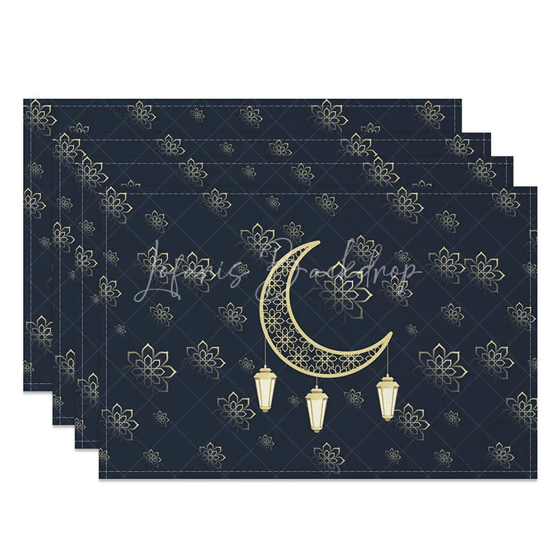 Lofaris Ramadan Kareem Golden Moon Set of 4 Placemats Eid Mubarak Lanterns and Floral Navy Blue Dining Table Mats