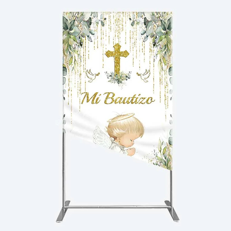 Lofaris Rectangle Backdrop Mi Bautizo Angel Gold Cross Cover Greenery Eucalyptus Baptism Chiara Wall Background Religious Decor