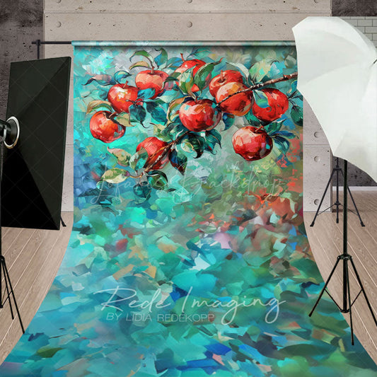 Lofaris Red Abstract Painted Apples Fine Art Sweep Backdrop
