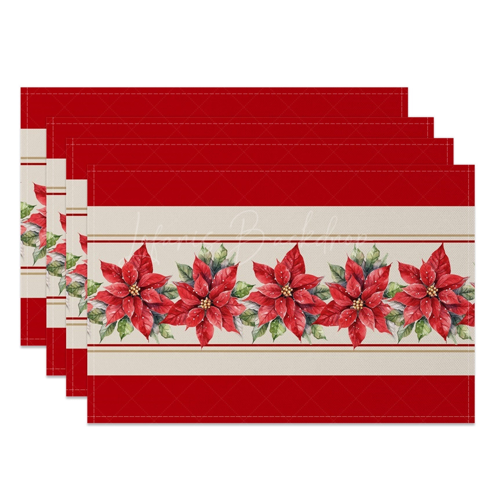 Lofaris Red And Beige Poinsettia Christmas Set Of 4 Placemats