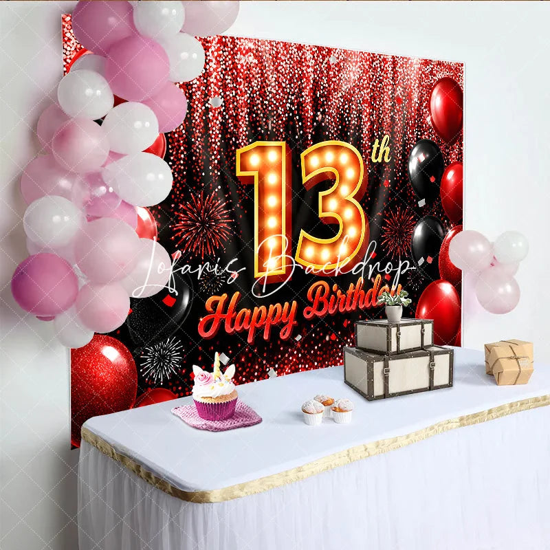 Lofaris Red and Black 13th Birthday Backdrop with Marquee Light Number Thirteen Glitter Balloon Party Decoration