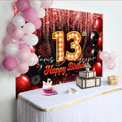 Lofaris Red and Black 13th Birthday Backdrop with Marquee Light Number Thirteen Glitter Balloon Party Decoration