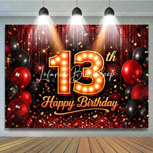 Lofaris Red and Black 13th Happy Birthday Backdrop Glitter Sequin Curtain with Balloons for Teenager Party Decor