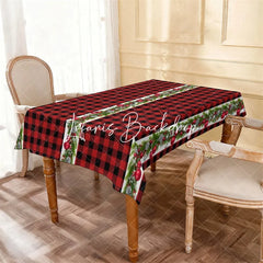 Lofaris Red and Black Buffalo Plaid Christmas Rectangle Tablecloth Festive Garland with Pine Berries Ornaments Decor