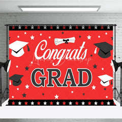 Lofaris Red and Black Congrats Grad Backdrop Graduation Caps Stars Party Decoration