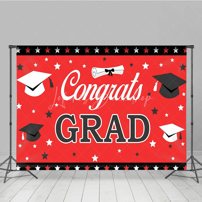 Lofaris Red and Black Congrats Grad Backdrop Graduation Caps Stars Party Decoration
