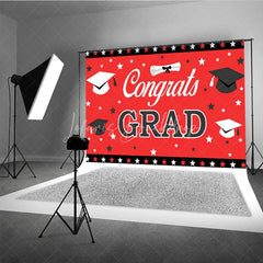 Lofaris Red and Black Congrats Grad Backdrop Graduation Caps Stars Party Decoration