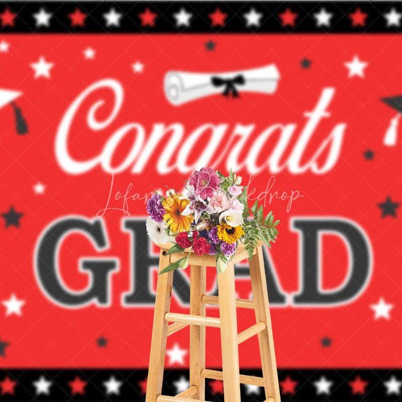 Lofaris Red and Black Congrats Grad Backdrop Graduation Caps Stars Party Decoration