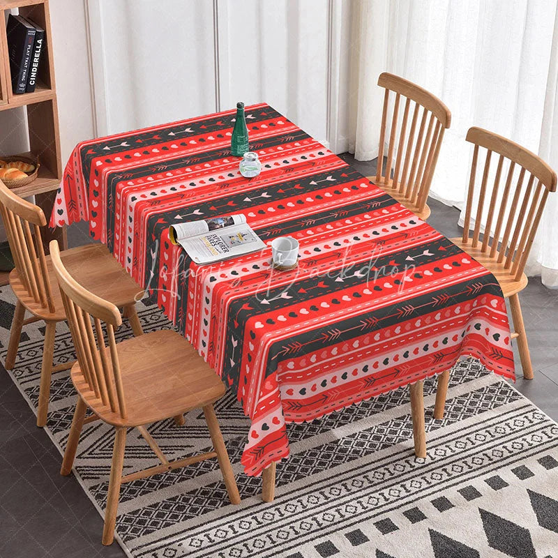 Lofaris Red and Black Geometric Heart Arrow Rectangle Tablecloth Boho Stripe Pattern Valentine Dining Decor