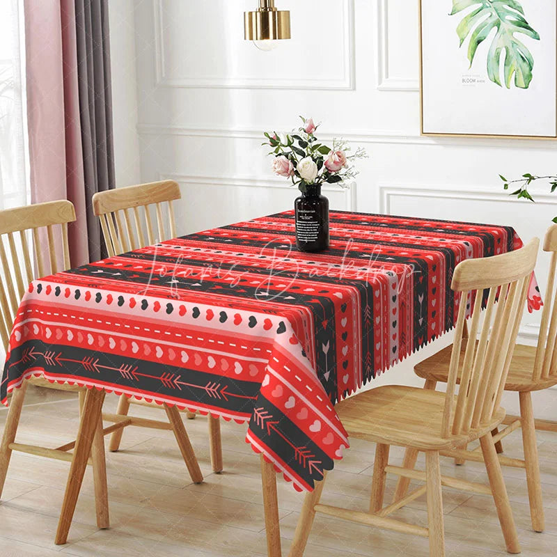 Lofaris Red and Black Geometric Heart Arrow Rectangle Tablecloth Boho Stripe Pattern Valentine Dining Decor