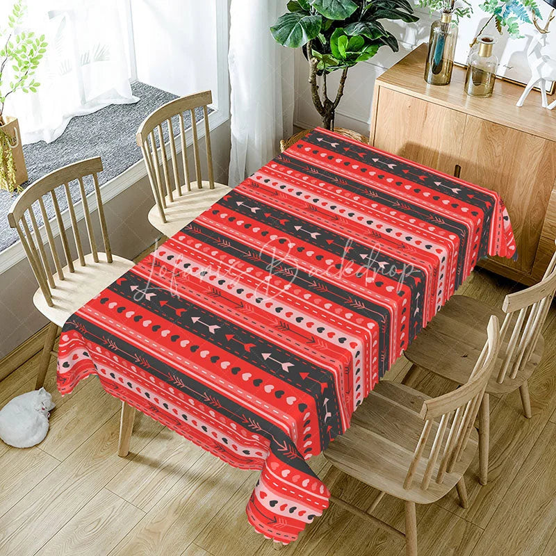 Lofaris Red and Black Geometric Heart Arrow Rectangle Tablecloth Boho Stripe Pattern Valentine Dining Decor