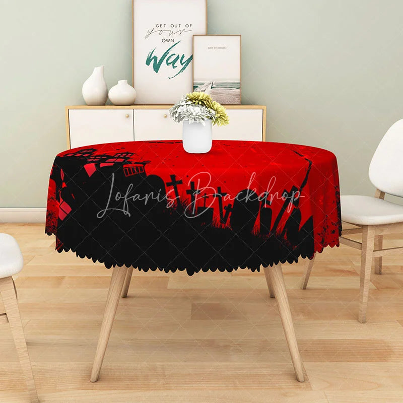 Lofaris Red and Black Halloween Round Tablecloth with Haunted Castle Tombstones for Gothic Party Decor