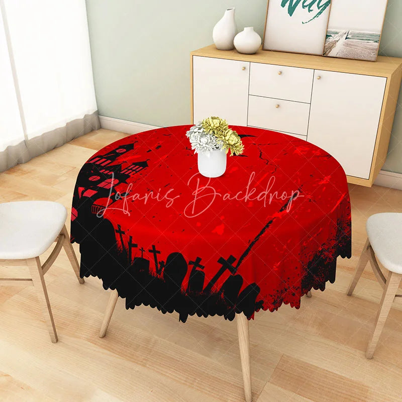 Lofaris Red and Black Halloween Round Tablecloth with Haunted Castle Tombstones for Gothic Party Decor