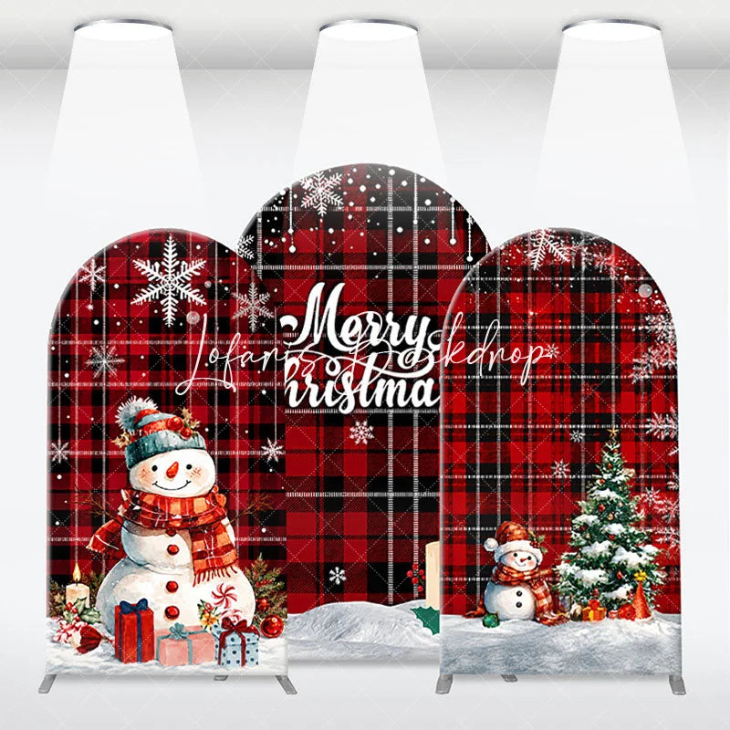 Lofaris Red and Black Plaid Merry Christmas Snowman Tree Arch Backdrop Kit Festive Winter Holiday Decor