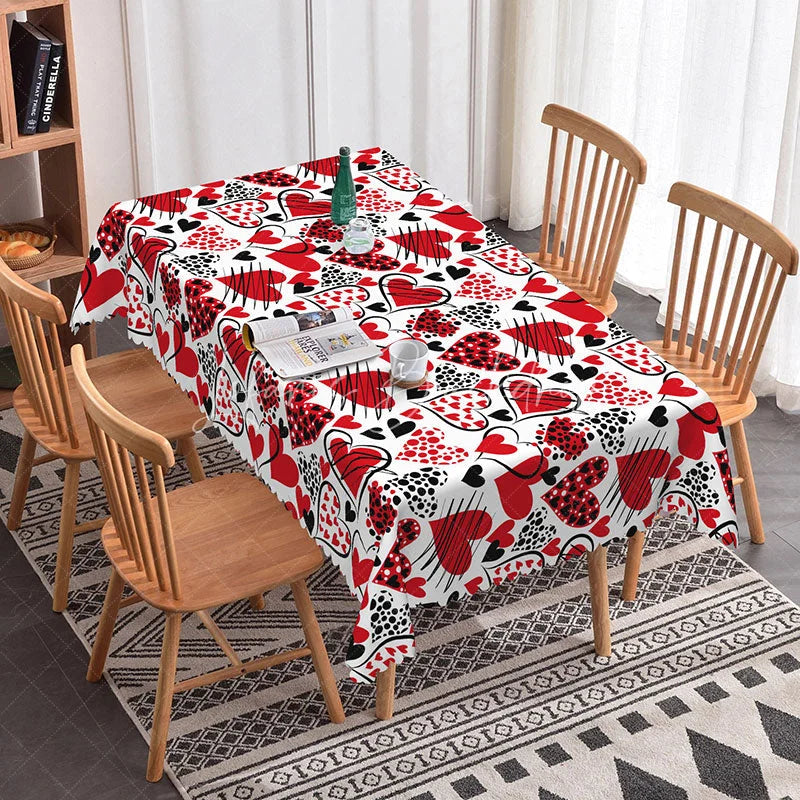 Lofaris Red and Black Sketch Heart Rectangle Tablecloth Abstract Doodle Love Pattern on White Modern Valentine Kitchen Decor